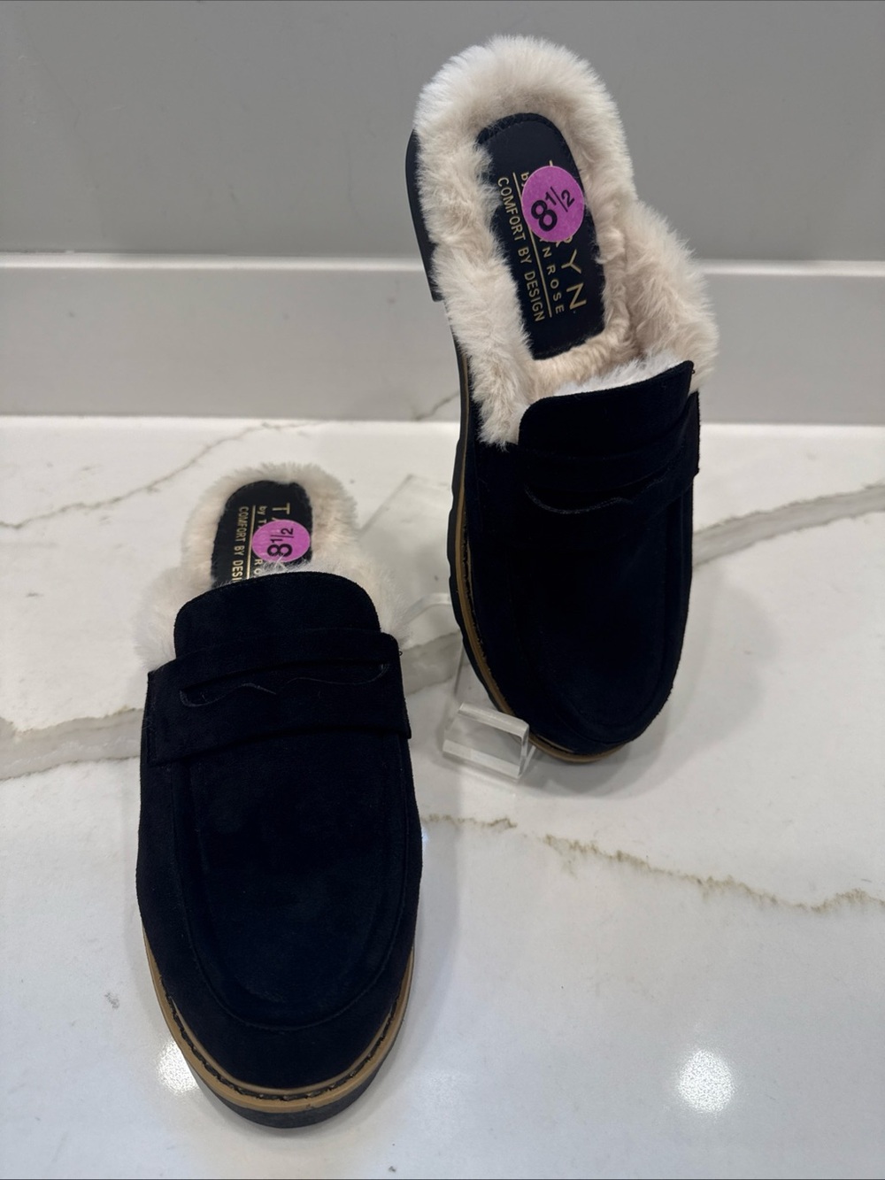 Taryn By Taryn Rose Black Suede Faux Fur Dora Loafers Mule Size 8.5